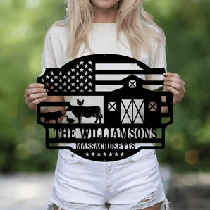 Farm and American flag personalized metal sign - custom family name farmhouse wall art