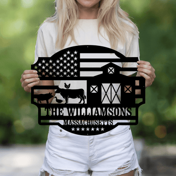 Farm and American flag personalized metal sign - custom family name farmhouse wall art
