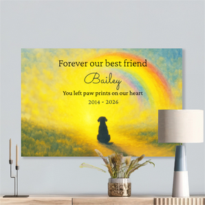 Personalized dog memorial canvas with rainbow bridge and dog silhouette, pet's name and dates - remembrance keepsake wall art