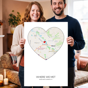 Unframed personalized Where We Met map print — a custom Boise, Idaho street map shaped into a heart with a red heart marker, the couple's names, place and date.