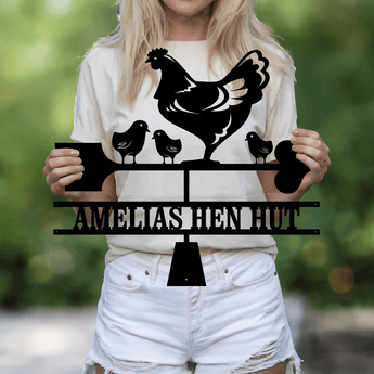 Hen and chicks coop personalized metal sign - custom family name farm wall art