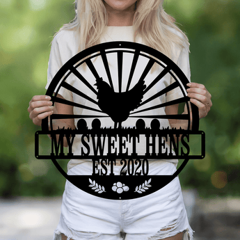 Hen and chicks personalized metal sign - custom family name farm wall art