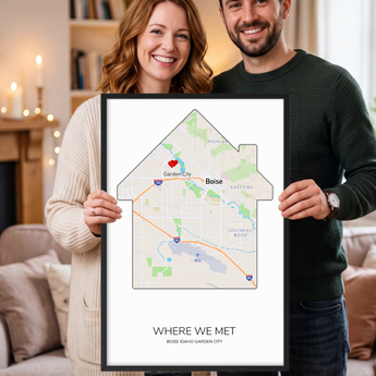 Framed personalized Where We Met map print — a custom Boise, Idaho street map shaped into a house with a red heart marker, the couple's names, place and date, in a black wooden frame.