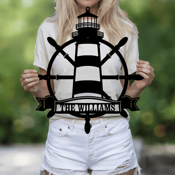 Personalized Lighthouse and Ships Wheel Family Name Metal Sign