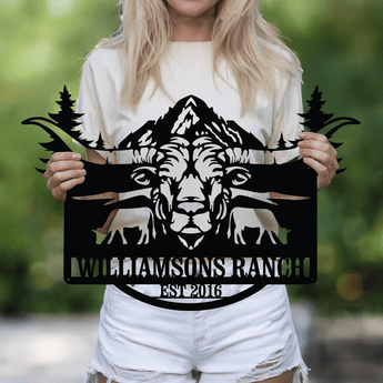 Longhorn and mountain personalized metal sign - custom family name western wall art