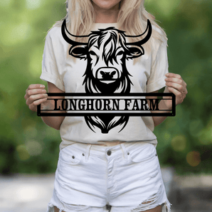 Longhorn personalized metal sign - custom farm name rustic western wall art