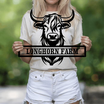 Longhorn personalized metal sign - custom farm name rustic western wall art
