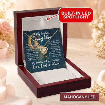 Necklace with sentimental message card in a wooden box with LED light feature