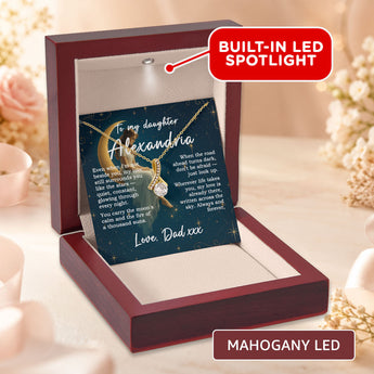 Alluring Beauty necklace gift for daughter โ personalized keepsake shown in a mahogany LED gift box