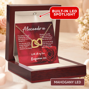 Interlocking Hearts necklace gift for her — personalized keepsake shown in a mahogany LED gift box