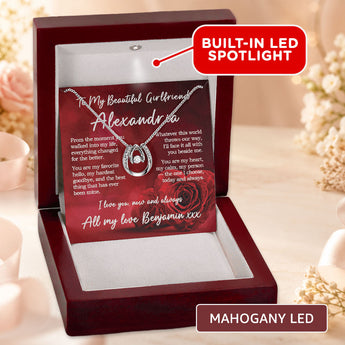 Lucky in Love necklace gift for girlfriend โ personalized keepsake shown in a mahogany LED gift box