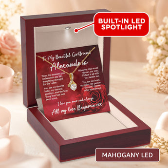 Alluring Beauty necklace gift for girlfriend โ personalized keepsake shown in a mahogany LED gift box