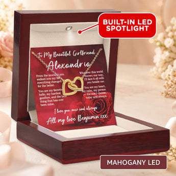 Interlocking Hearts necklace gift for girlfriend โ personalized keepsake shown in a mahogany LED gift box