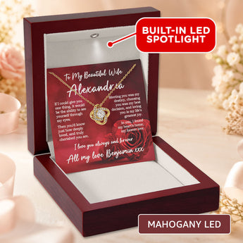 Love Knot necklace gift for wife โ personalized keepsake shown in a mahogany LED gift box