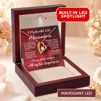 Forever Love heart necklace gift for wife โ personalized keepsake shown in a mahogany LED gift box