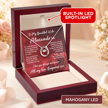 Lucky in Love necklace gift for wife โ personalized keepsake shown in a mahogany LED gift box