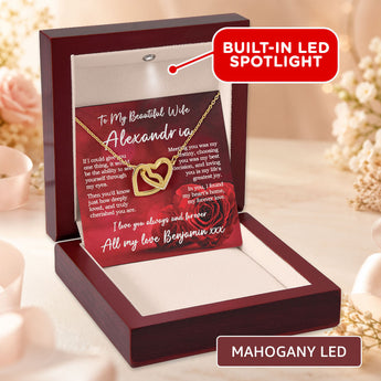 Interlocking Hearts necklace gift for wife โ personalized keepsake shown in a mahogany LED gift box