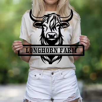 Longhorn personalized metal sign - custom farm name rustic western wall art