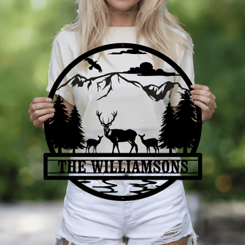 Personalized Mountain and Deer Name Metal Sign