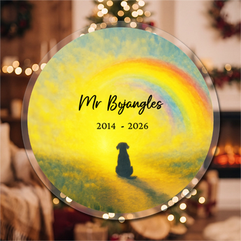 Personalized pet memorial round acrylic ornament with a rainbow-bridge scene and a dog silhouette, engraved with the pet's name and dates