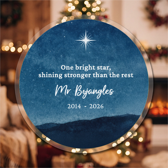 Personalized pet memorial round acrylic ornament with a hand-painted starry night sky and bright guiding star, engraved with the pet's name and dates