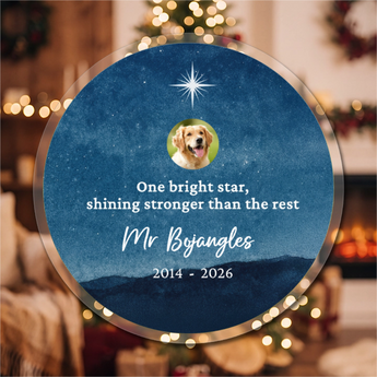 Personalized pet memorial round acrylic ornament with a starry night sky and the pet's photo, engraved with the pet's name and dates