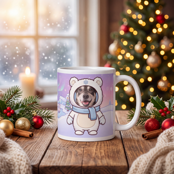 Personalized Polar Bear pet Christmas mug – your dog or cat's photo face in a cute cartoon polar-bear onesie hood.