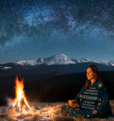 woman sitting by campfire under starry sky wearing personalized blanket gift with name Alexandria