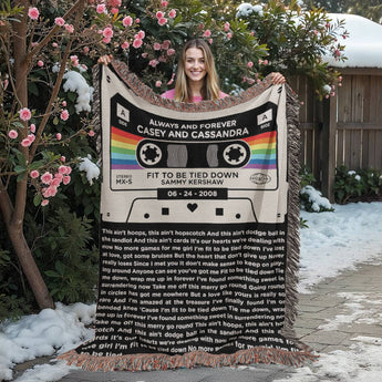 Personalized cassette tape woven blanket with your song lyrics โ retro mixtape keepsake throw