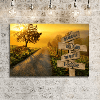 Personalized country lane sunrise family signpost canvas with custom family names and locations