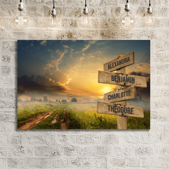 Personalized country road sunrise family signpost canvas with custom family names and locations