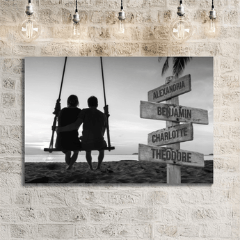 Personalized black and white beach swing couple signpost canvas with custom names and locations
