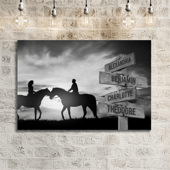 Personalized black and white horseback sunset couple signpost canvas with custom names and locations