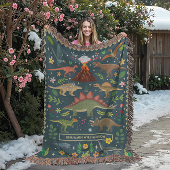 Personalized dinosaur woven blanket with a child's name โ colorful kids keepsake throw