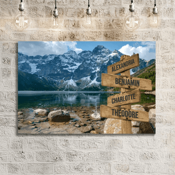 Personalized alpine mountain lake family signpost canvas with custom family names and locations