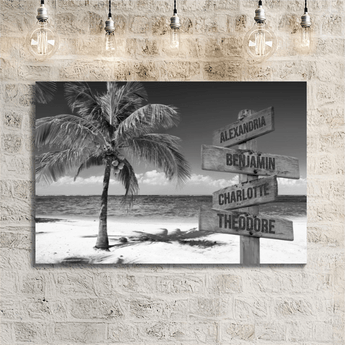 Personalized black and white beach family signpost canvas with custom family names and locations