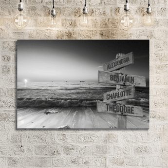 Personalized black and white beach sunrise family signpost canvas with custom family names and locations