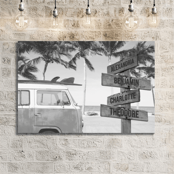 Personalized black and white beach van family signpost canvas with custom family names and locations