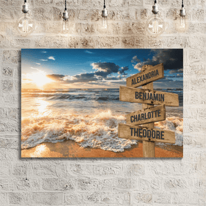 Personalized coastal beach sunset family signpost canvas with custom family names and locations