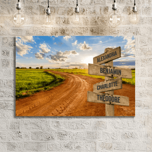 Personalized country dirt road sunset family signpost canvas with custom family names and locations