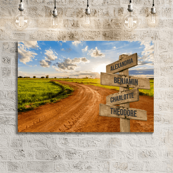 Personalized country dirt road sunset family signpost canvas with custom family names and locations