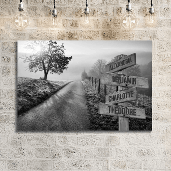 Personalized black and white country lane family signpost canvas with custom family names and locations