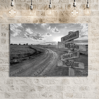 Personalized black and white country road family signpost canvas with custom family names and locations