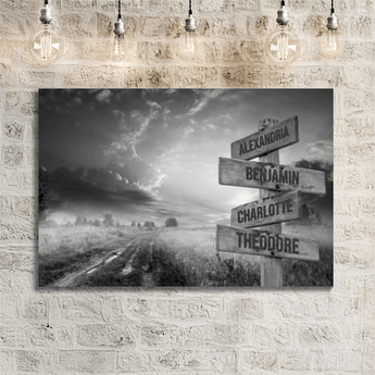 Personalized black and white country road sunrise family signpost canvas with custom family names and locations