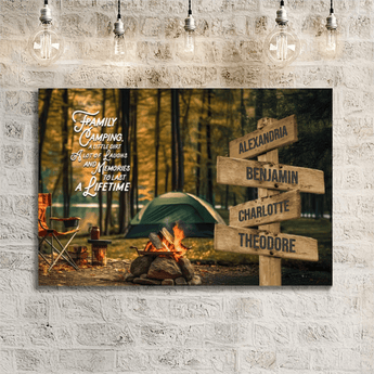 Personalized forest camping quote family signpost canvas with custom family names and locations