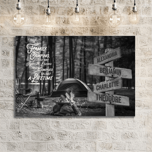 Personalized black and white forest camping family signpost canvas with custom family names and locations