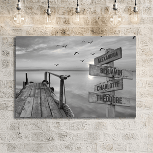 Personalized black and white lake dock sunset family signpost canvas with custom family names and locations