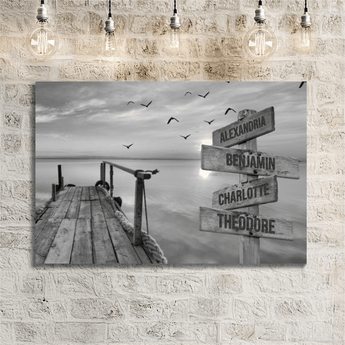 Personalized black and white lake dock sunset family signpost canvas with custom family names and locations