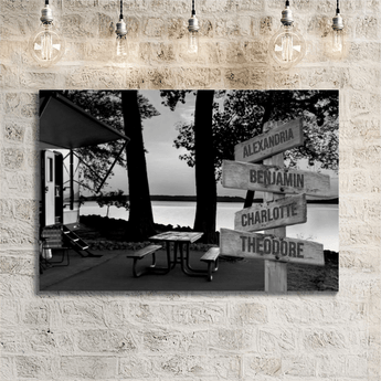 Personalized black and white lakeside camping family signpost canvas with custom family names and locations
