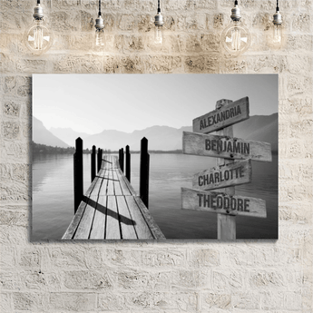 Personalized black and white lakeside dock family signpost canvas with custom family names and locations